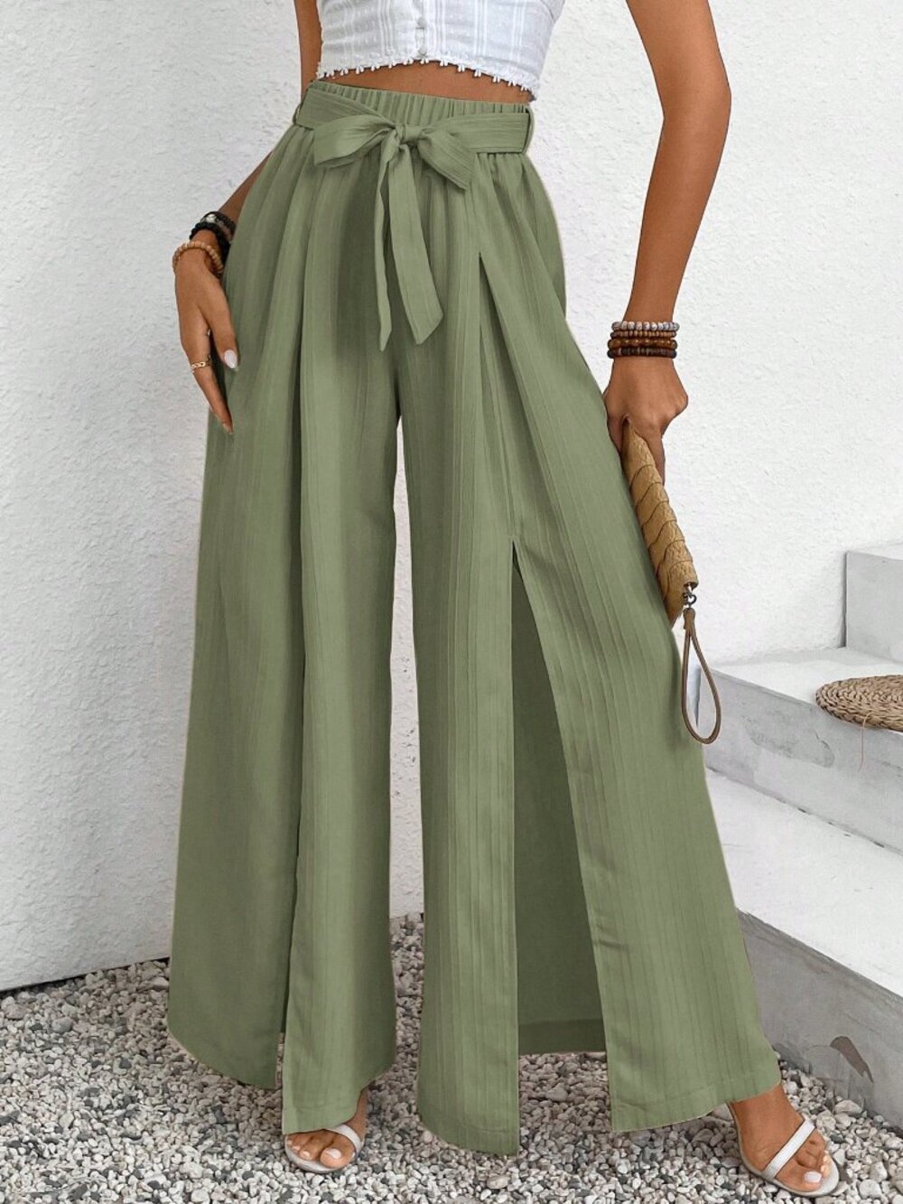 Mint Green Casual Women Twist Knotted Loose Pants - Picture 3 of 6